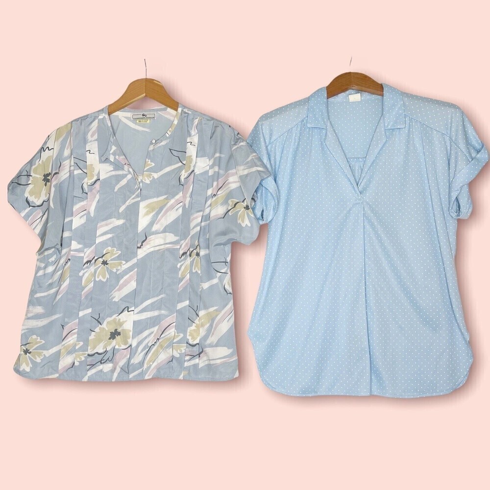 Lot Of 2 Vintage Womens Shirts 70s 80s Blue‎ Floral Polyester Short Sleeve Retro